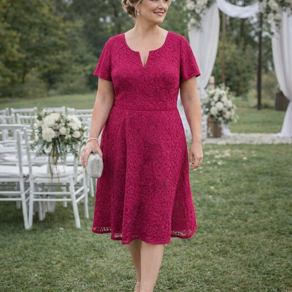 Adrianna Papell Cranberry Red Lace Midi Dress – Size 14 - Picture 9 of 9